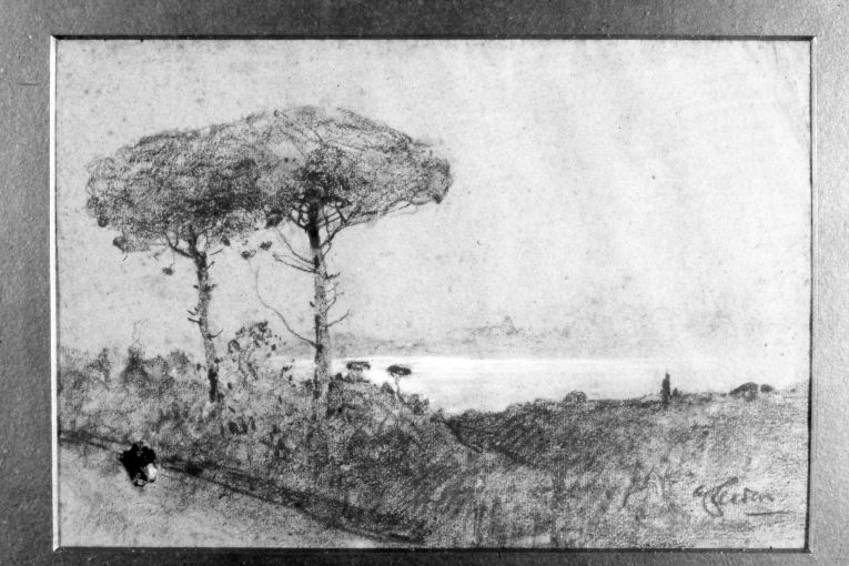 "Pini", Paesaggio lacustre (disegno) di Casciaro Giuseppe (secc. XIX/ XX)