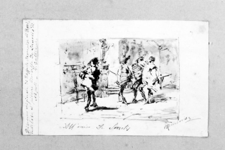scorcio di via con figure maschili (disegno) di Armenise Raffaele (secc. XIX/ XX)