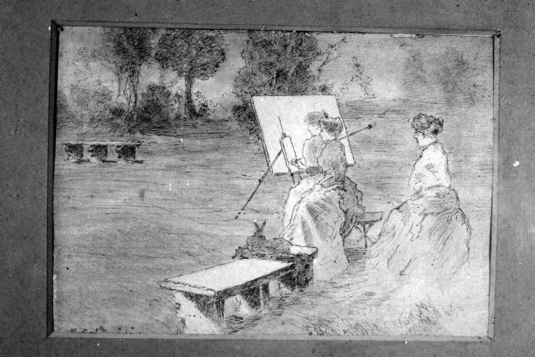 "In villa", figure femminili in giardino (disegno) di Calderini Marco (secc. XIX/ XX)