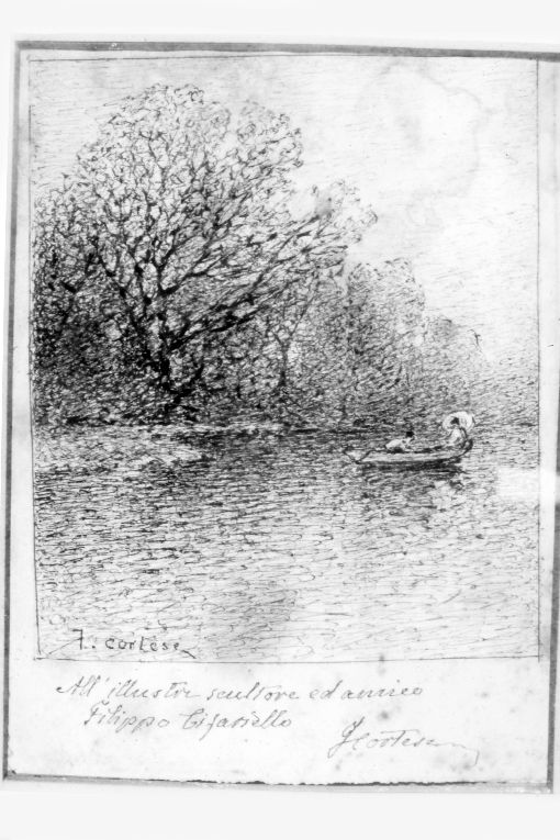 Bosco e lago, paesaggio (disegno) di Cortese Federico (secc. XIX/ XX)