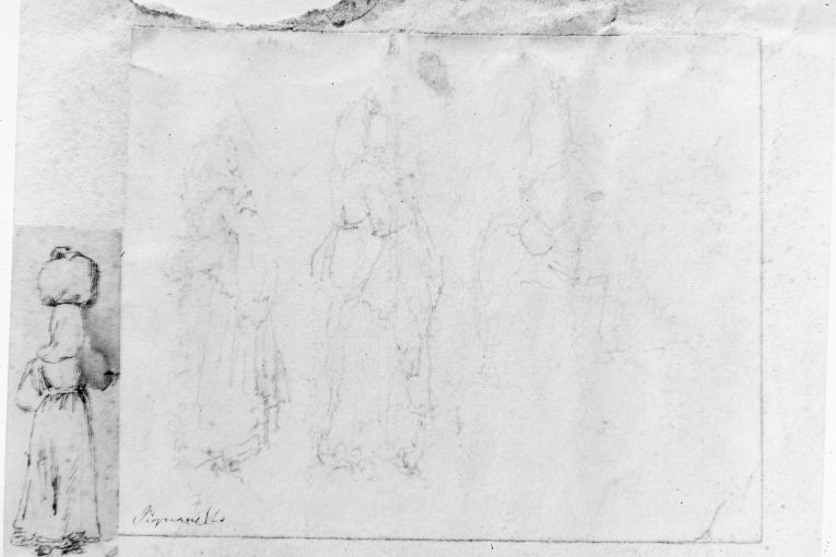 Figura femminile di spalle // Figura femminile di spalle //Figura a caval lo di un asino (disegno) di De Stefano Vincenzo (fine sec. XIX)