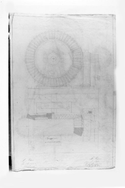 Prospetto laterale e veduta zenitale di un ingranaggio conico per il movi mento angolare (disegno) di De Stefano Vincenzo (sec. XIX)