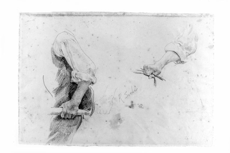 Studio di figura di contadino // Studio di braccio che regge le redini (disegno) di Sorbi Raffaello (primo quarto sec. XX)