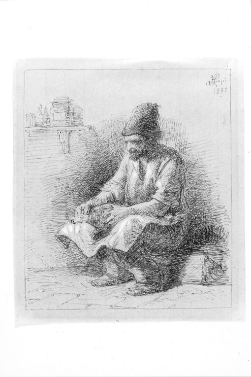 Figura di uomo seduto con fiasca (disegno) di Lapi Emilio (sec. XIX)