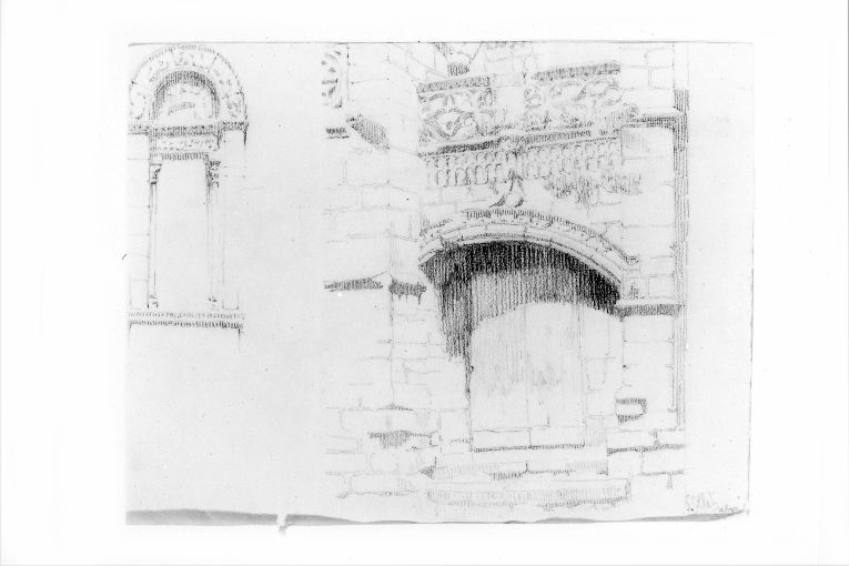 Studio di finestra a Caen // Studio di portale con balaustra a Caen (disegno) di Girondi Raffaele (inizio sec. XX)
