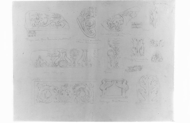 Elementi decorativi: fregi, antefissa, rilievi (disegno) di Girondi Raffaele (fine sec. XIX)