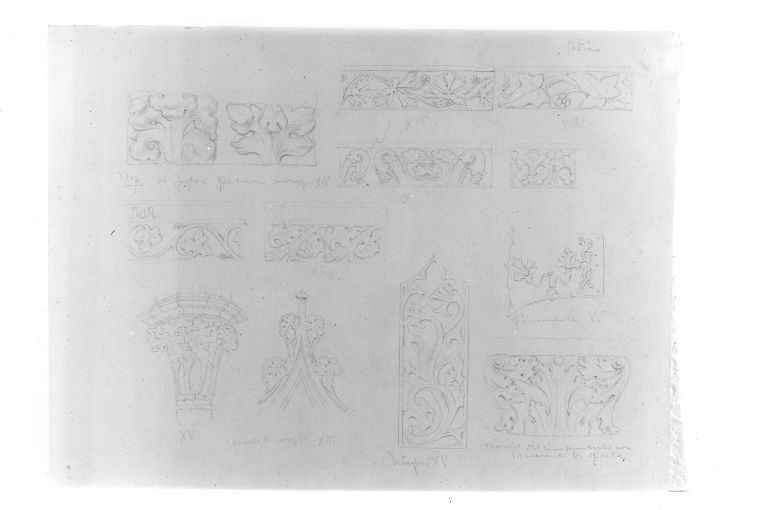 Elementi decorativi bizantini: plutei, fregi, capitelli (disegno) di Girondi Raffaele (fine sec. XIX)