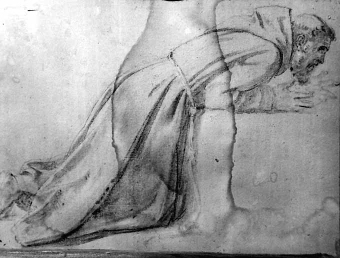 studio di frate francescano inginocchiato (disegno preparatorio) di De Napoli Michele (attribuito) (sec. XIX)