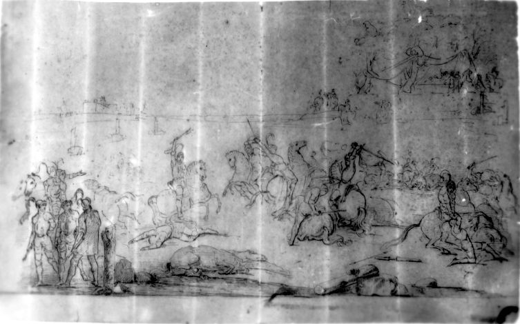 studio di torneo storico (disegno preparatorio) di De Napoli Michele (attribuito) (sec. XIX)