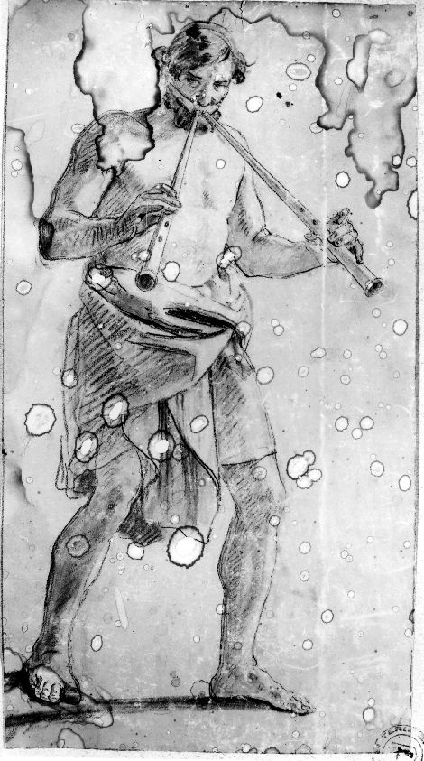 studio di figura maschile con flauto doppio (disegno preparatorio) di De Napoli Michele (attribuito) (sec. XIX)