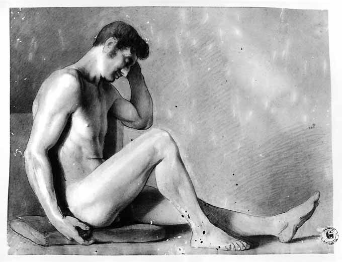 studio di nudo maschile seduto (disegno) di De Napoli Michele (attribuito) (sec. XIX)