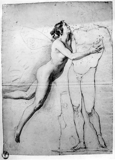 studio di figura maschile e figura femminile nude (disegno preparatorio) di De Napoli Michele (attribuito) (sec. XIX)