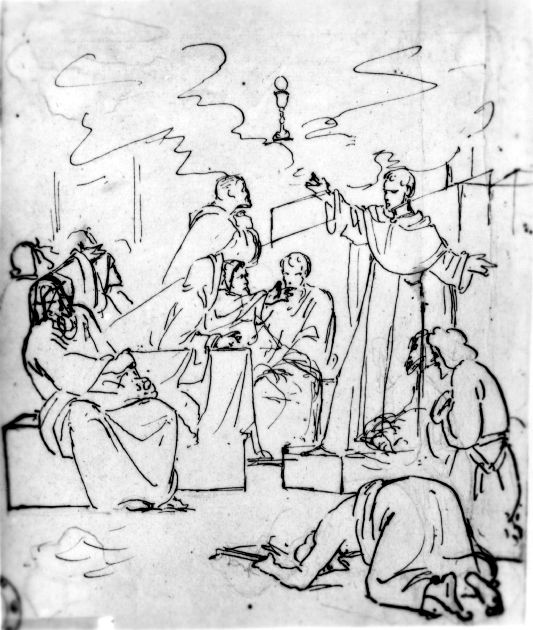 studio per San Domenico che disputa con gli Albigesi (disegno preparatorio) di De Napoli Michele (attribuito) (sec. XIX)