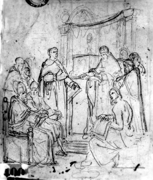 studio di San Tommaso d'Aquino redige l'ufficio per Messa del Sacramento (disegno preparatorio) di De Napoli Michele (attribuito) (sec. XIX)
