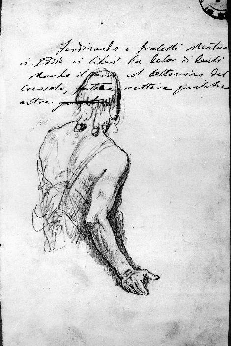 studio di figura di spalle e brutta copia di lettera (disegno preparatorio) di De Napoli Michele (attribuito) (metà sec. XIX)