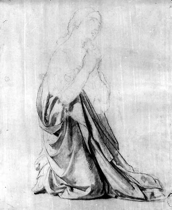 studio di figura femminile inginocchiata (disegno preparatorio) di De Napoli Michele (attribuito) (sec. XIX)