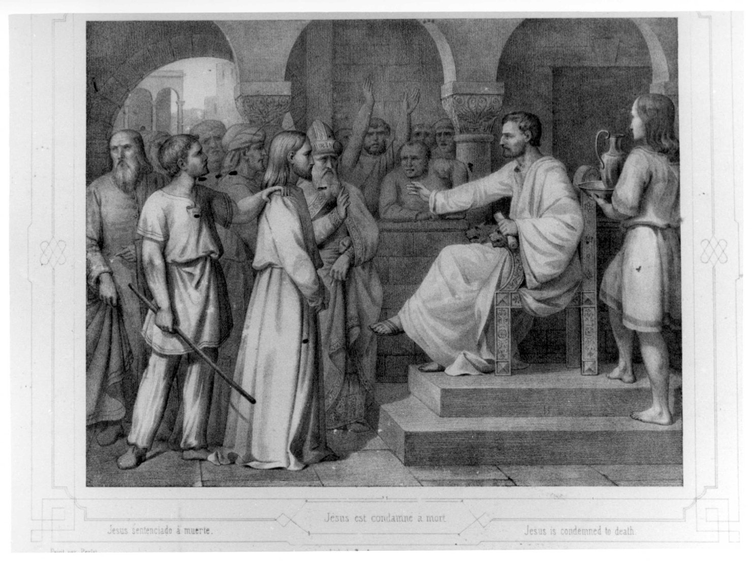 Via Crucis, stazione I: Gesù condannato a morte (stampa, elemento d'insieme) di Duriez Elie Philip Joseph (seconda metà sec. XIX)