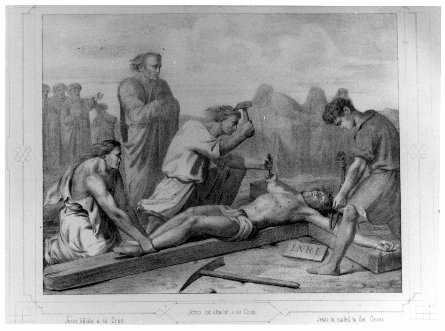Via Crucis, stazione XI: Gesù inchiodato alla croce (stampa, elemento d'insieme) di Duriez Elie Philip Joseph (seconda metà sec. XIX)