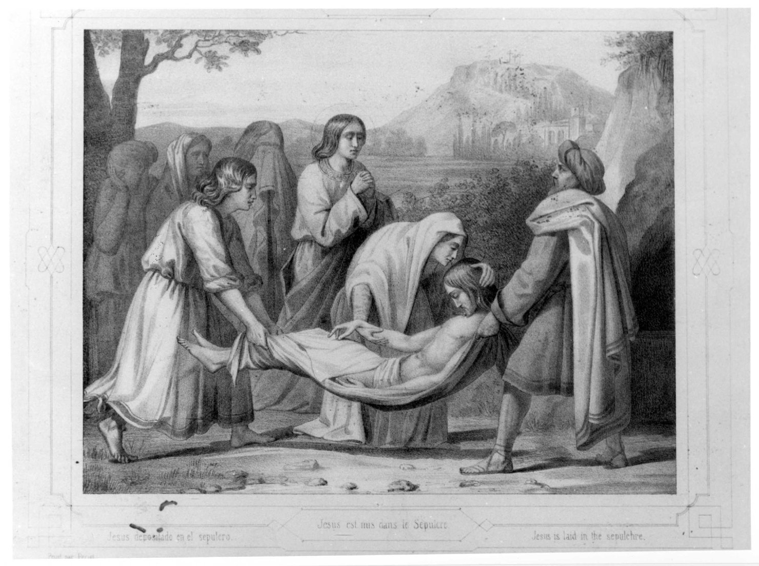 Via Crucis, stazione XIV: Gesù deposto nel sepolcro (stampa, elemento d'insieme) di Duriez Elie Philip Joseph (seconda metà sec. XIX)