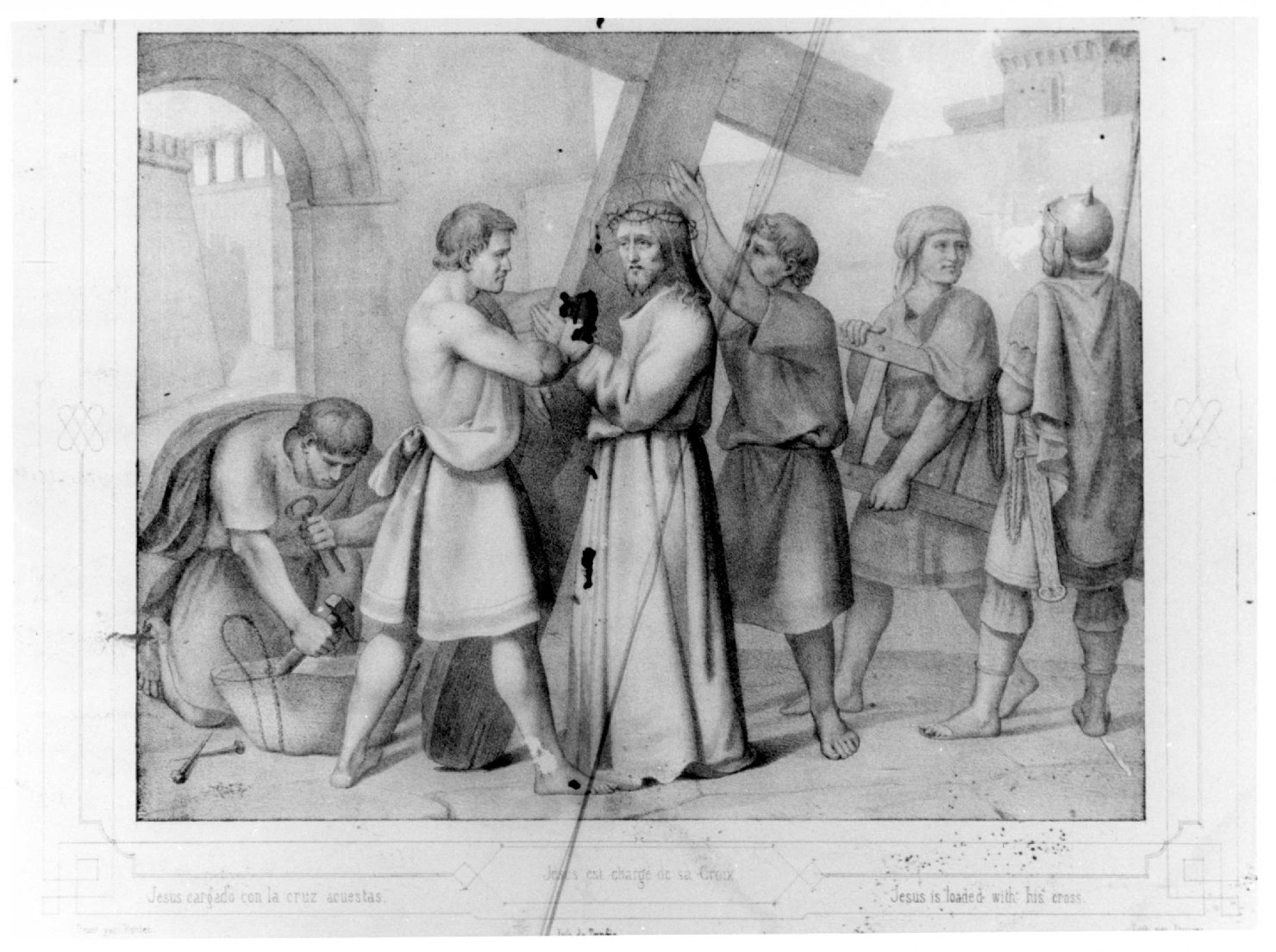 Via Crucis, stazione II: Gesù caricato della croce (stampa, elemento d'insieme) di Duriez Elie Philip Joseph (seconda metà sec. XIX)