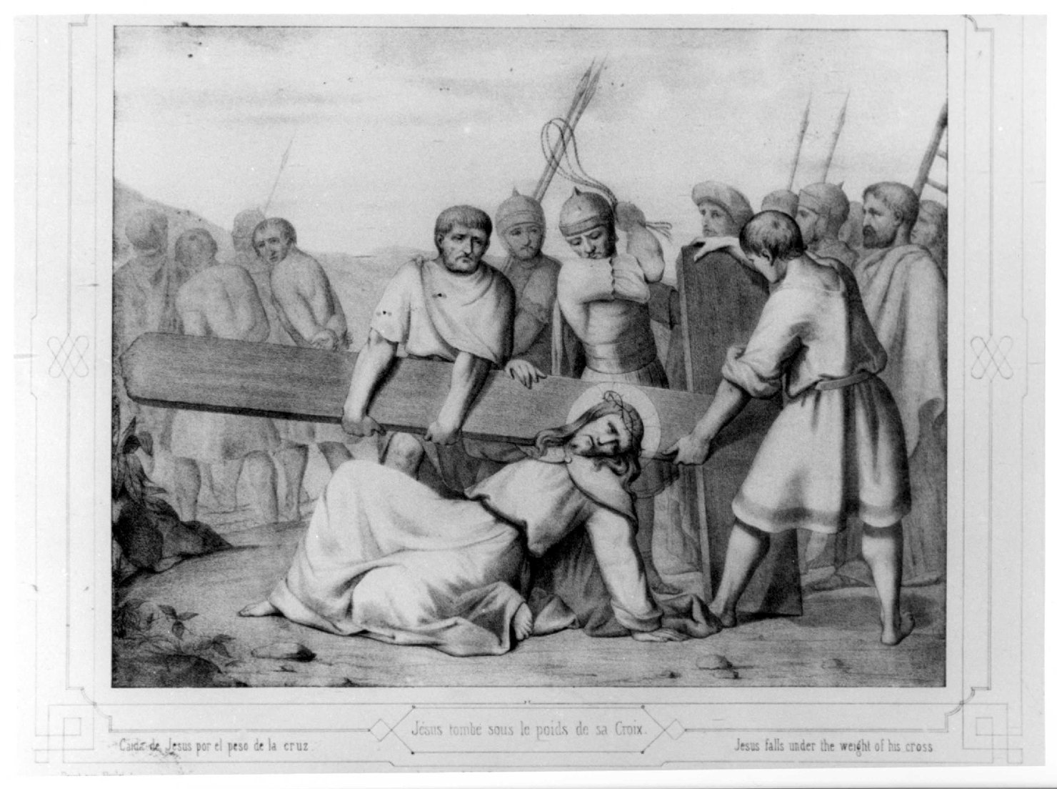 Via Crucis, stazione III: Gesù cade sotto la croce la prima volta (stampa, elemento d'insieme) di Duriez Elie Philip Joseph (seconda metà sec. XIX)