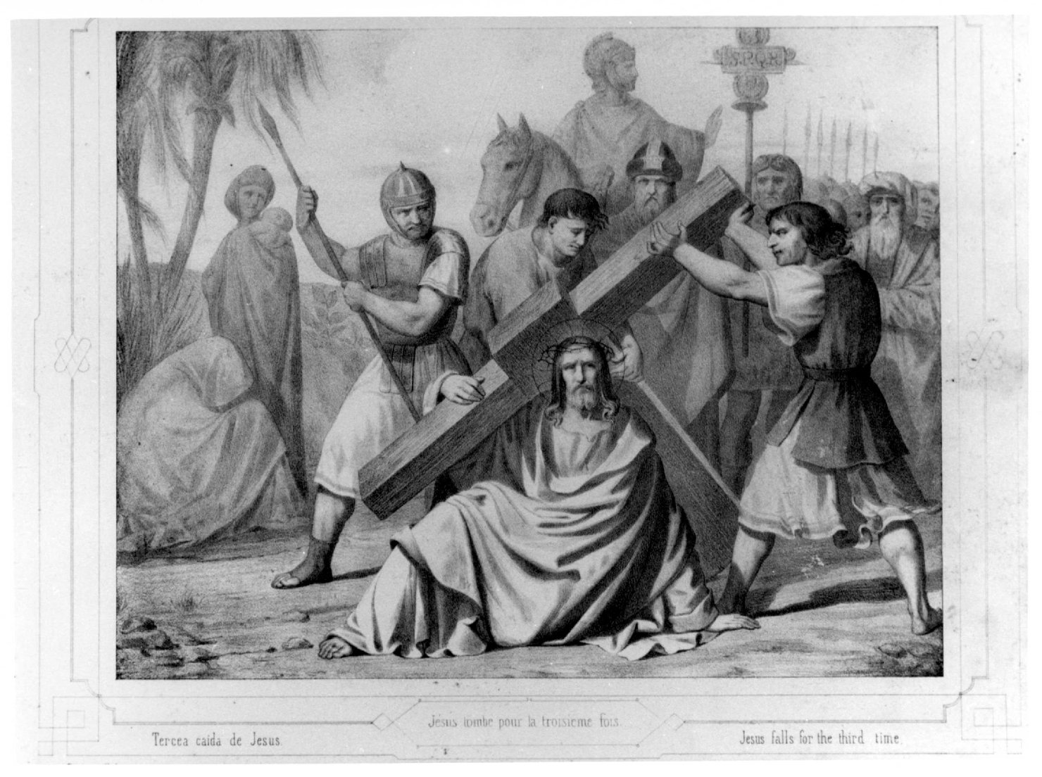 Via Crucis, stazione IX: Gesù cade sotto la croce la terza volta (stampa, elemento d'insieme) di Duriez Elie Philip Joseph (seconda metà sec. XIX)
