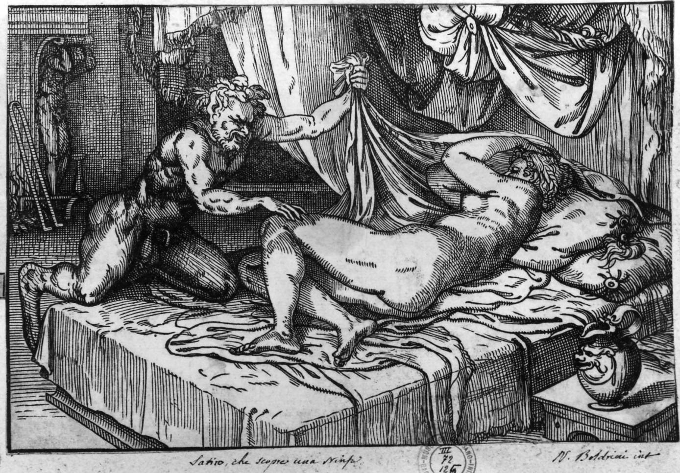 Satiro scopre una ninfa dormiente, Satiro scopre una ninfa dormiente (stampa smarginata) di Vecellio Tiziano (cerchia) - ambito veneziano (seconda metà sec. XVI)
