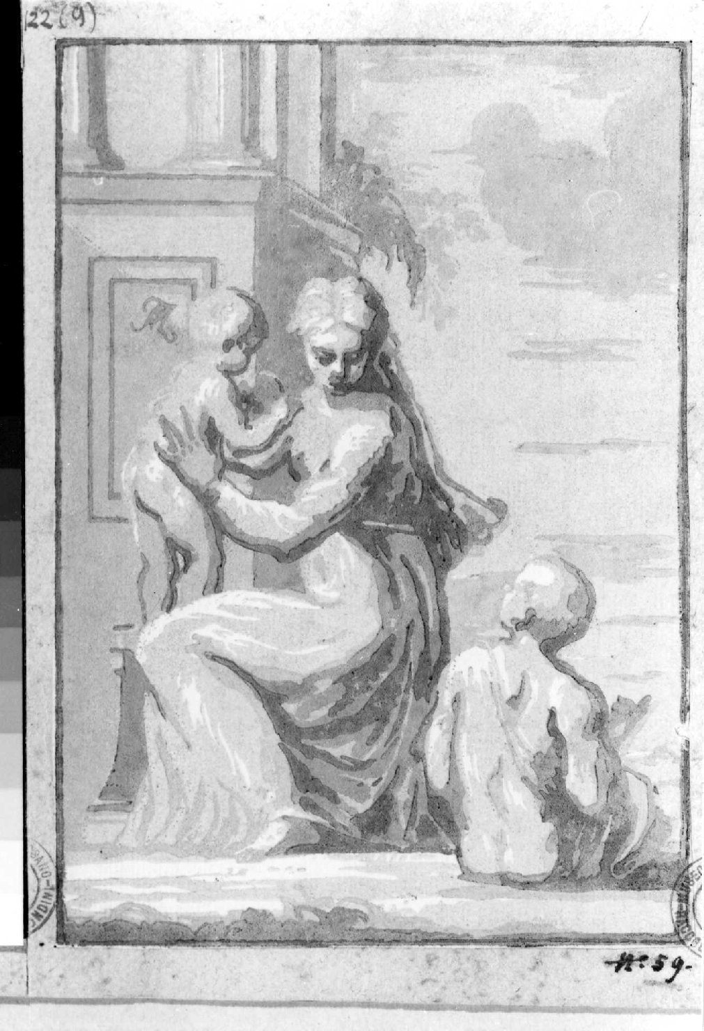 Donna con due bambini, figura femminile con due bambini (stampa smarginata, serie) di Zanetti conte Anton Maria - ambito veneziano (sec. XVIII)