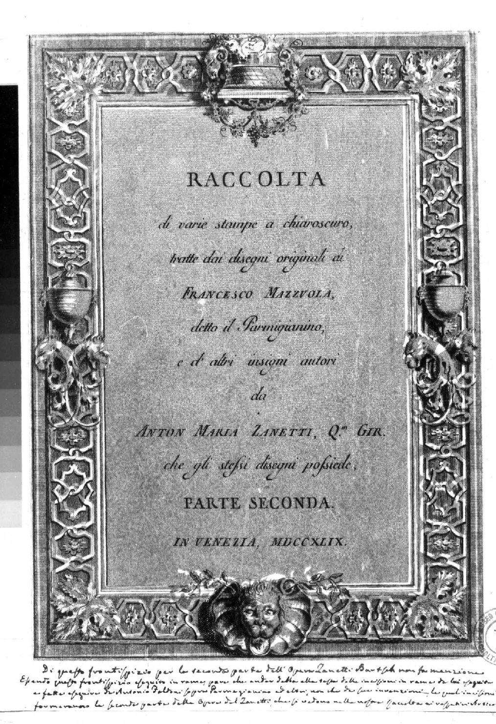 Frontespizio della Seconda parte della raccolta dei chiaroscuri di A. M. Zanetti, cornice con motivi decorativi e figure (stampa smarginata, serie) di Zanetti conte Anton Maria - ambito veneziano (sec. XVIII)