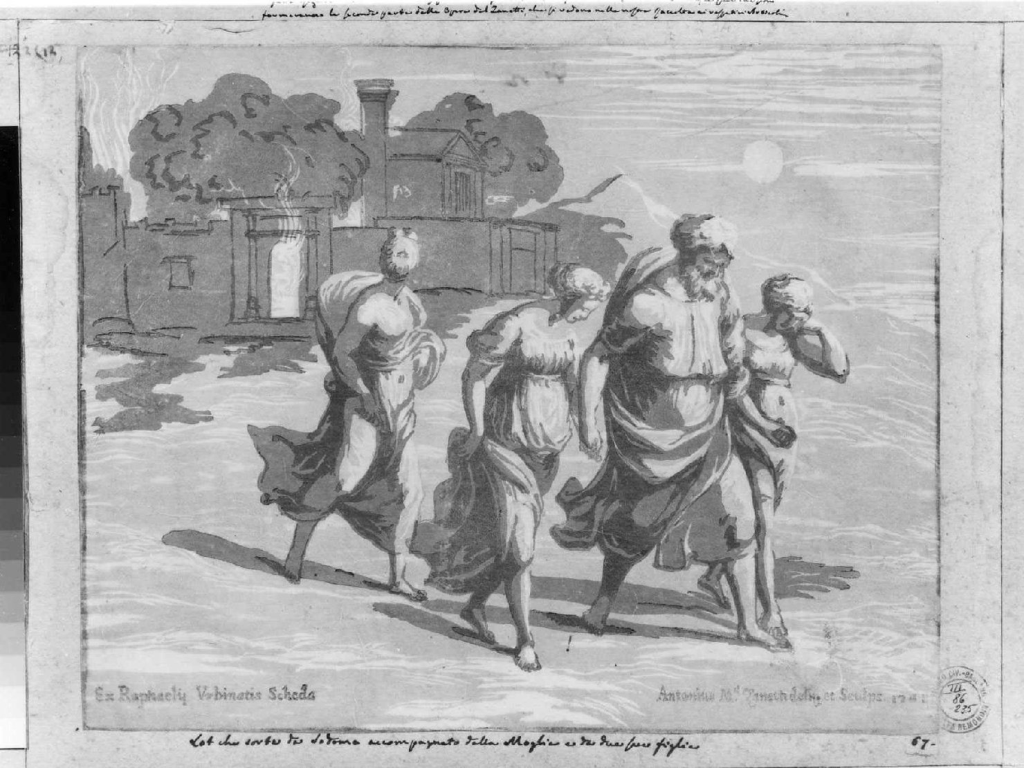 Loth, la moglie e le figlie fuggono da Sodoma, Lot e la famiglia in fuga da Sodoma (stampa smarginata, serie) di Zanetti conte Anton Maria, Sanzio Raffaello (sec. XVIII)