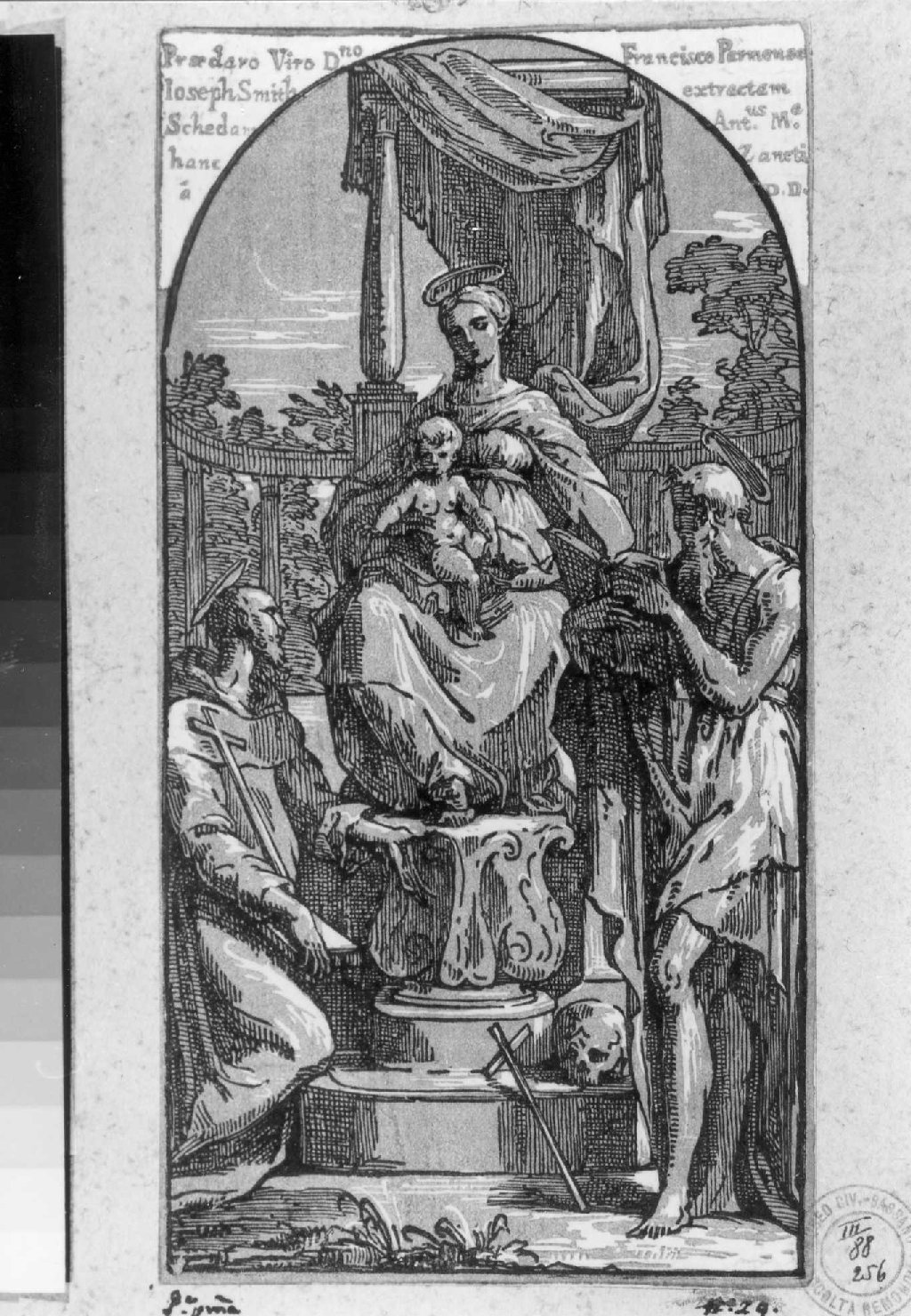 Madonna con Bambino in trono tra santi (stampa smarginata, serie) di Zanetti conte Anton Maria, Parmigianino (secondo quarto sec. XVIII)