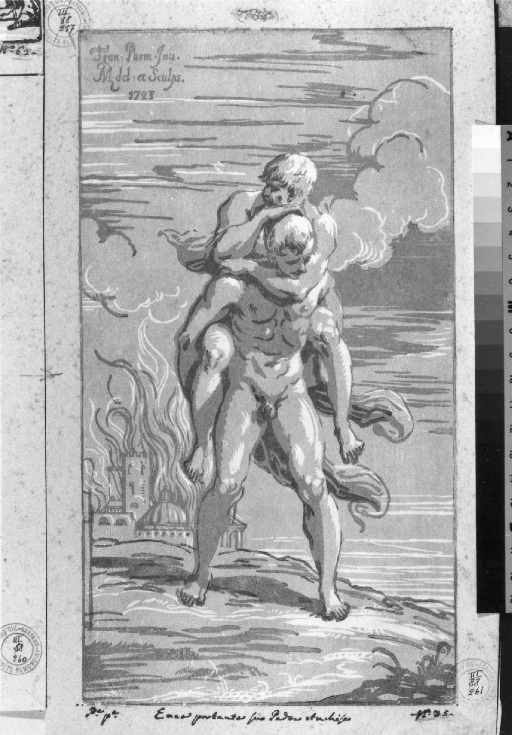 Enea e Anchise fuggono da Troia in fiamme (stampa smarginata, serie) di Zanetti conte Anton Maria, Parmigianino (sec. XVIII)
