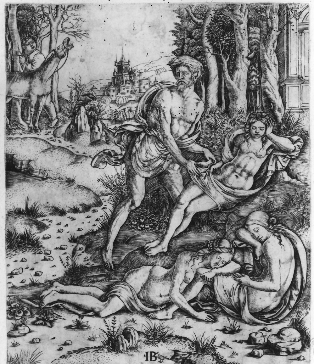 Priapo e Lotide (stampa smarginata) di Giovanni Battista Palumba detto Maestro I B con l'uccello (inizio sec. XVI)