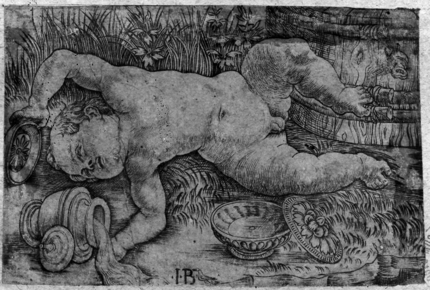 Bacco ebbro (stampa smarginata) di Giovanni Battista Palumba detto Maestro I B con l'uccello (inizio sec. XVI)