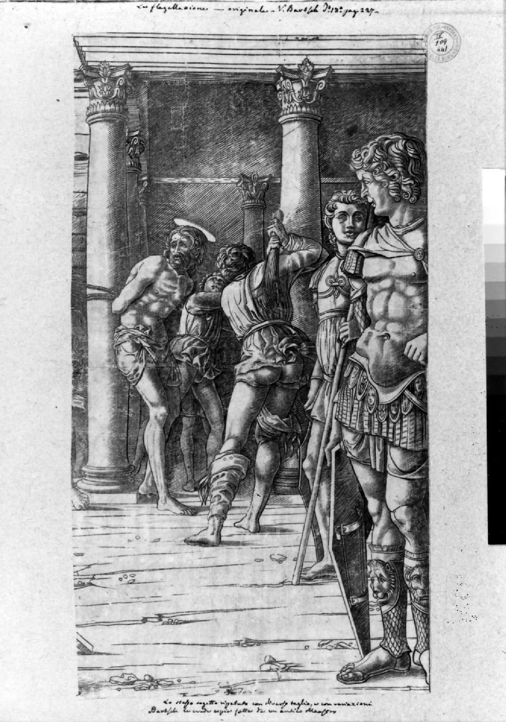 La flagellazione di Gesù su sfondo di paesaggio, flagellazione di Cristo (stampa smarginata) di Mantegna Andrea (sec. XV)