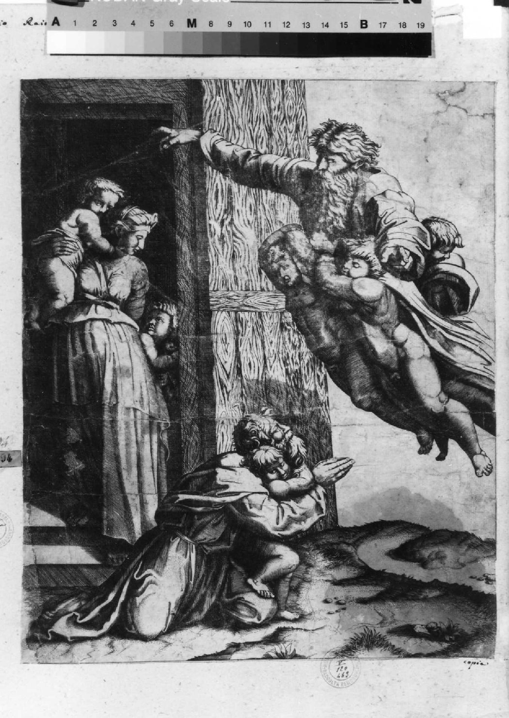 uscita di Noè e della sua famiglia dall'arca (stampa smarginata) di Sanzio Raffaello, Dente Marco detto Marco da Ravenna (primo quarto sec. XVI)