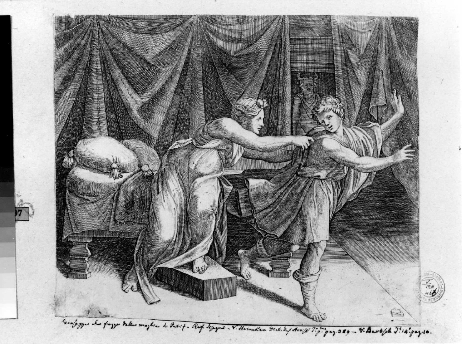 Giuseppe e la moglie di Putifarre (stampa smarginata) di Raimondi Marcantonio, Sanzio Raffaello (sec. XVI)