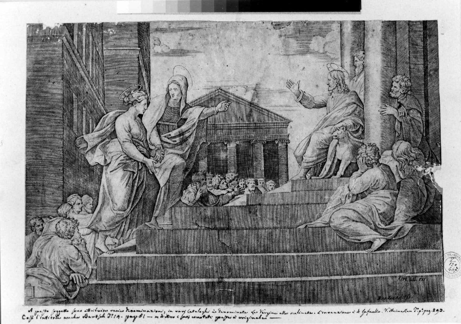 Marta accompagna Maddalena al cospetto di Gesù (stampa smarginata) di Raimondi Marcantonio, Giulio Romano (sec. XVI)