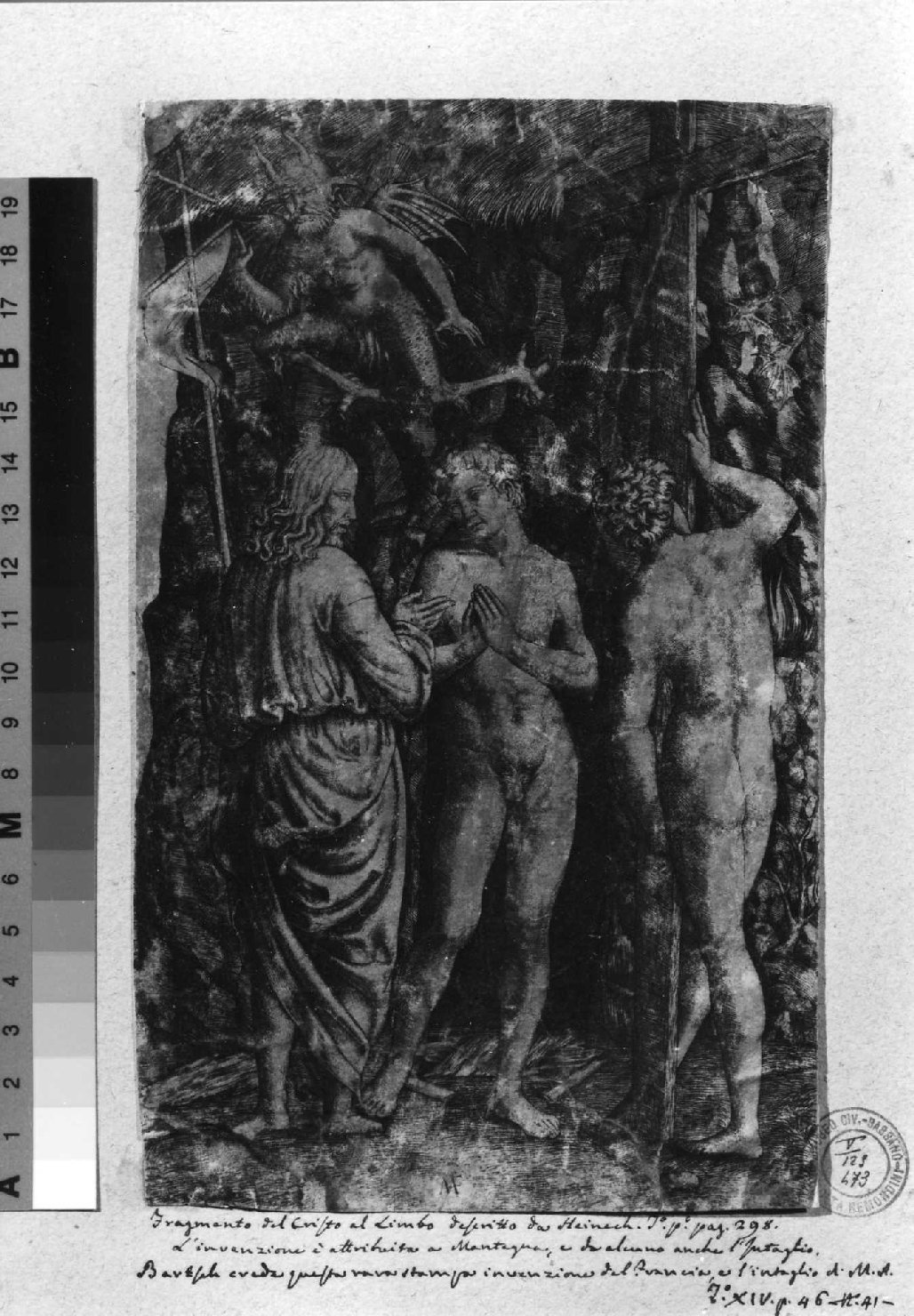 discesa di Cristo al limbo (stampa smarginata, frammento) di Raimondi Marcantonio, Mantegna Andrea (inizio sec. XVI)