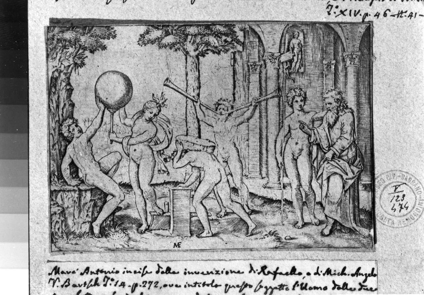 scena allegorica (stampa smarginata) di Raimondi Marcantonio, Baccio Bandinelli (sec. XVI)