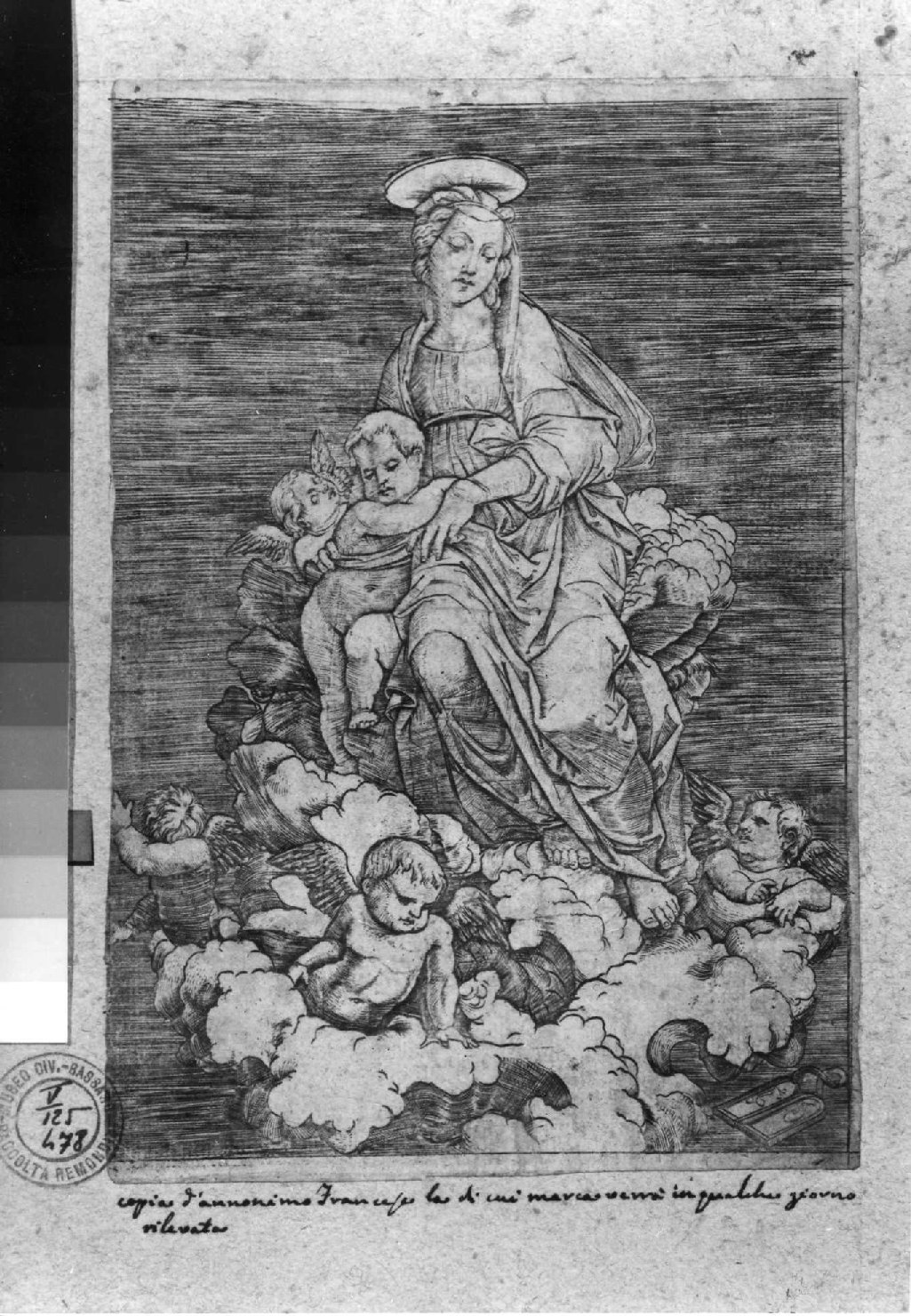 Madonna con Bambino e angeli (stampa smarginata) di Sanzio Raffaello - ambito francese (?) (secc. XVI/ XVIII)