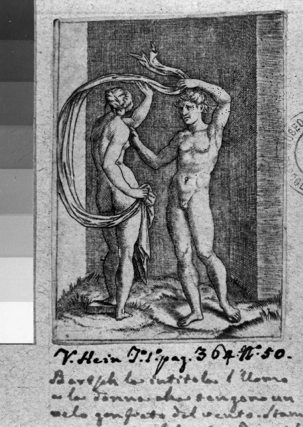Uomo e donna col velo, figura femminile e figura maschile nude (stampa smarginata) di Sanzio Raffaello, Raimondi Marcantonio (sec. XVI)