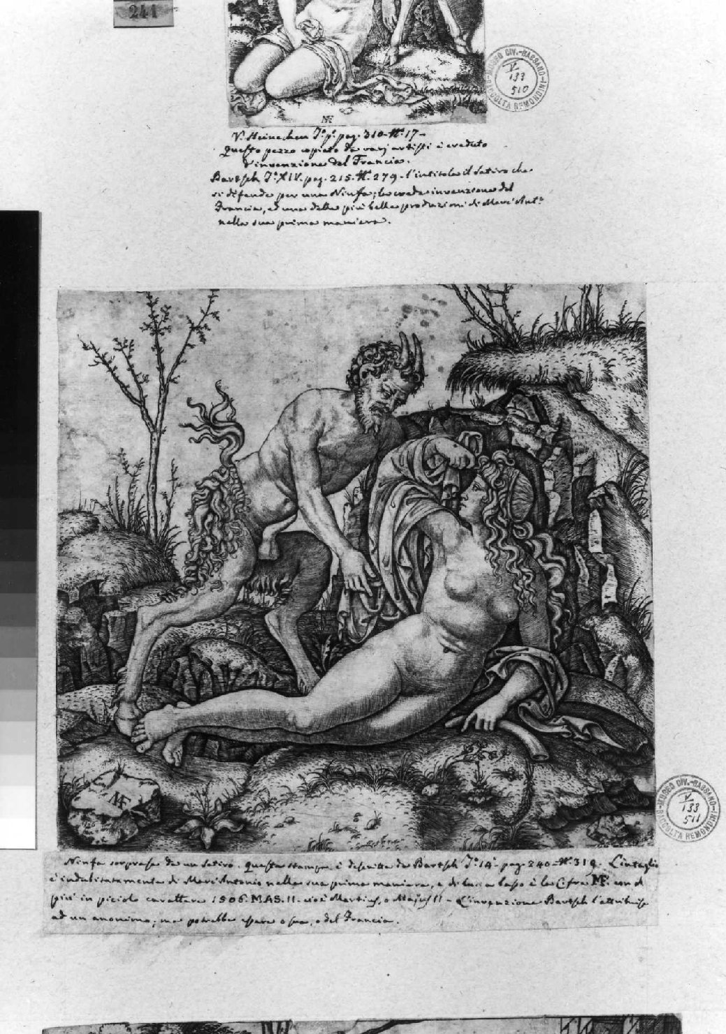 satiro e ninfa (stampa smarginata) di Raimondi Marcantonio, Raibolini Francesco detto Francia (attribuito) (sec. XVI)