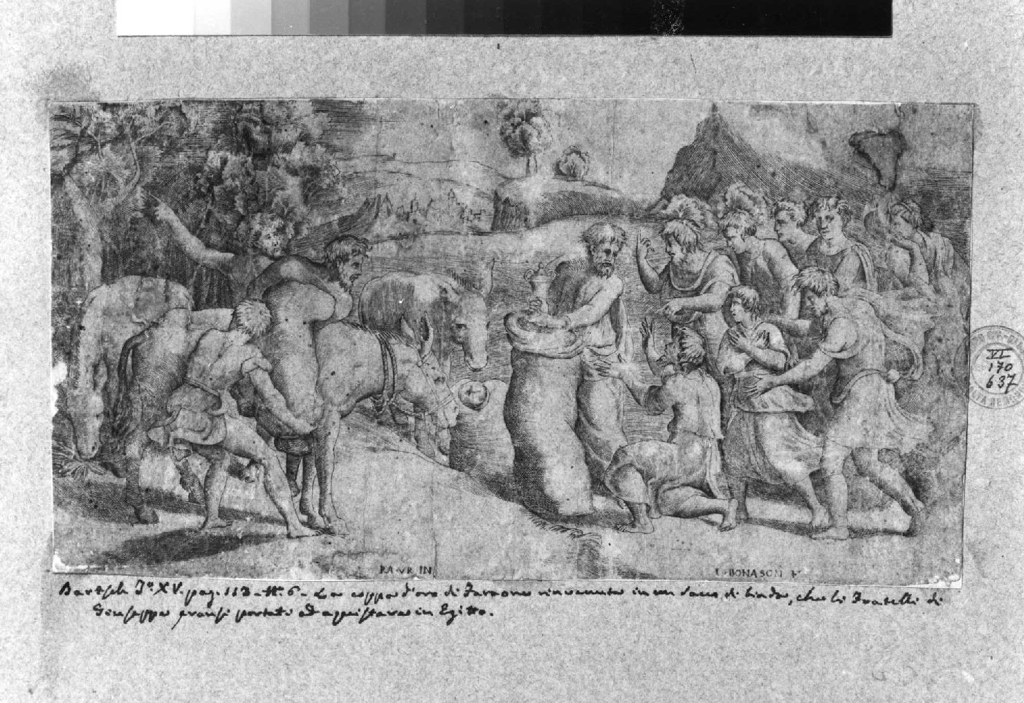 ritrovamento della coppa nel sacco di Beniamino (stampa smarginata) di Bonasone Giulio, Sanzio Raffaello (sec. XVI)