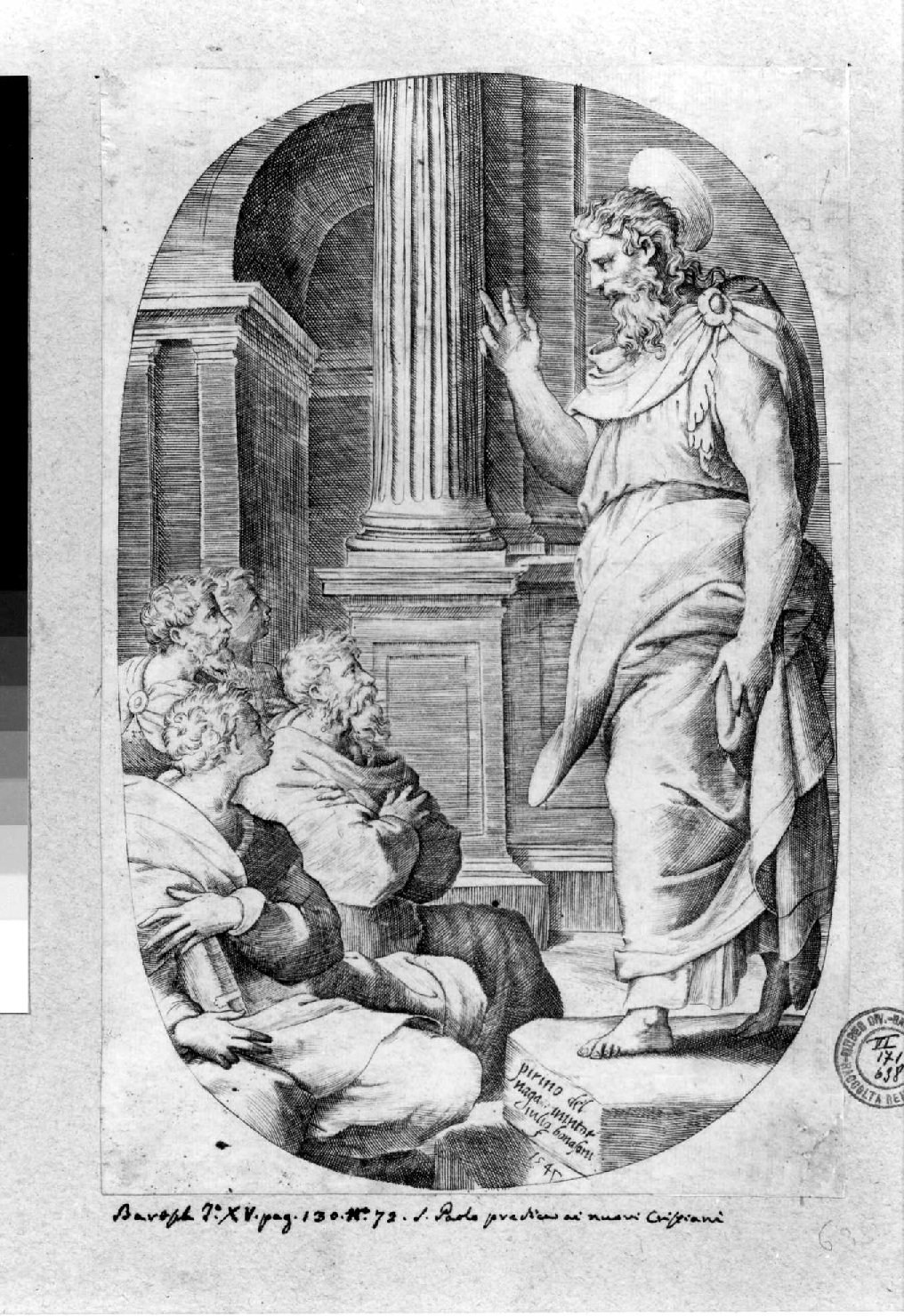 San Paolo predica nella sinagoga di Damasco (stampa smarginata, serie) di Bonasone Giulio, Perin del Vaga (sec. XVI)