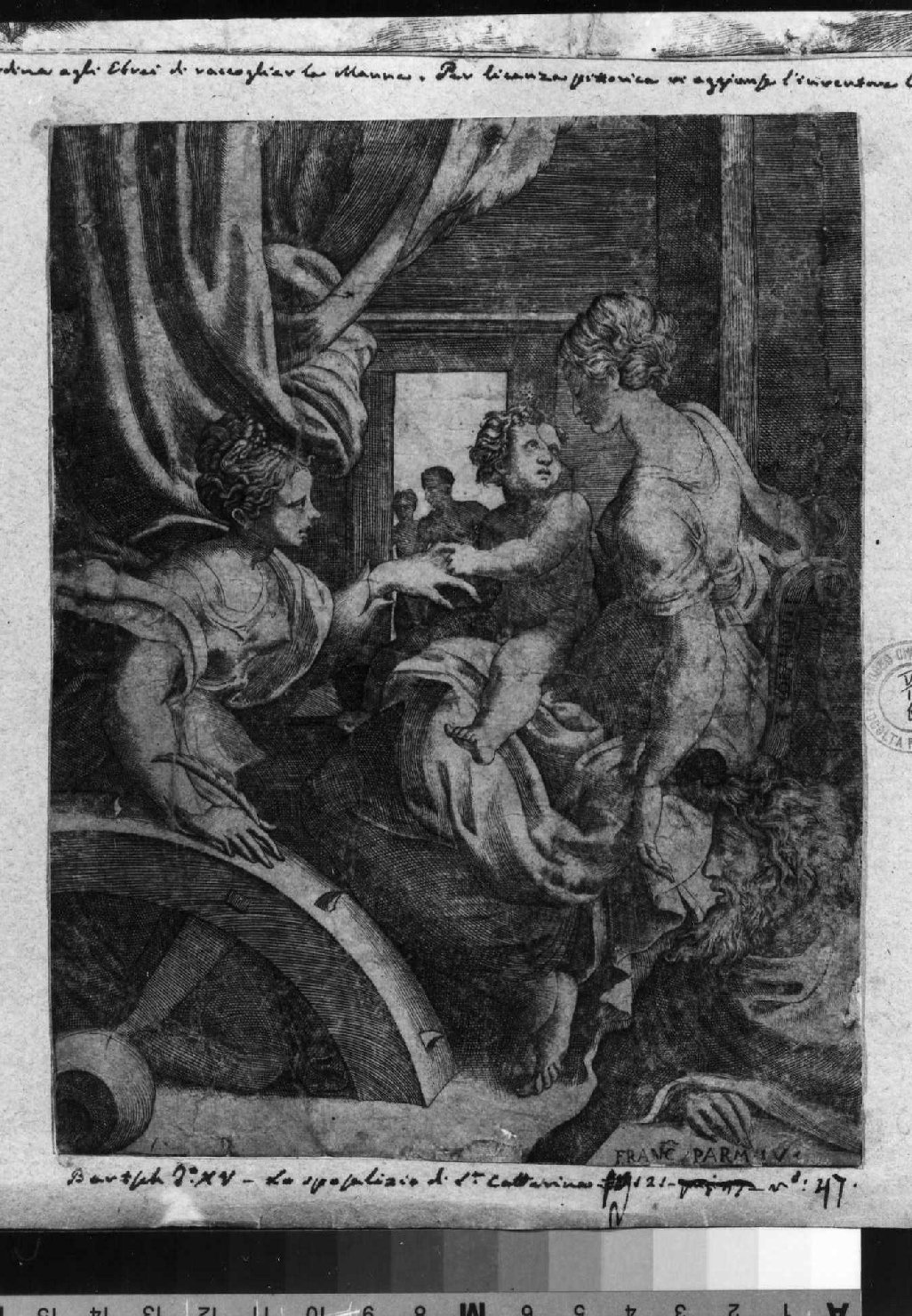 matrimonio mistico di Santa Caterina da Siena (stampa smarginata) di Parmigianino, Bonasone Giulio (sec. XVI)