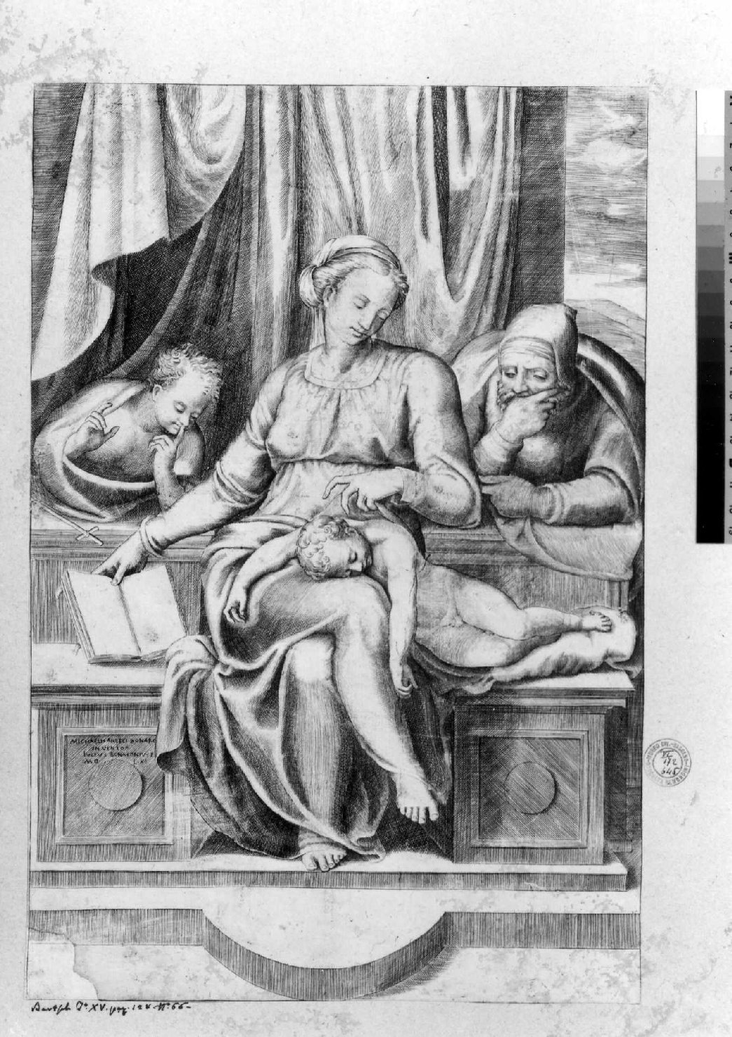 Madonna del silenzio, Madonna con Bambino dormiente (stampa smarginata) di Bonasone Giulio, Buonarroti Michelangelo (sec. XVI)