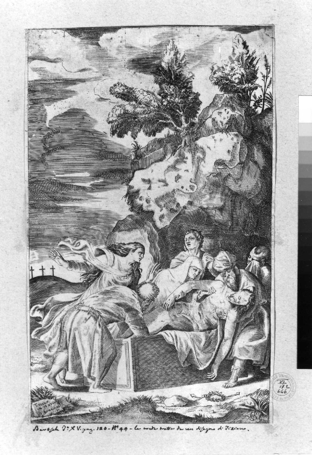 deposizione di Cristo nel sepolcro (stampa smarginata) di Vecellio Tiziano, Bonasone Giulio (sec. XVI)