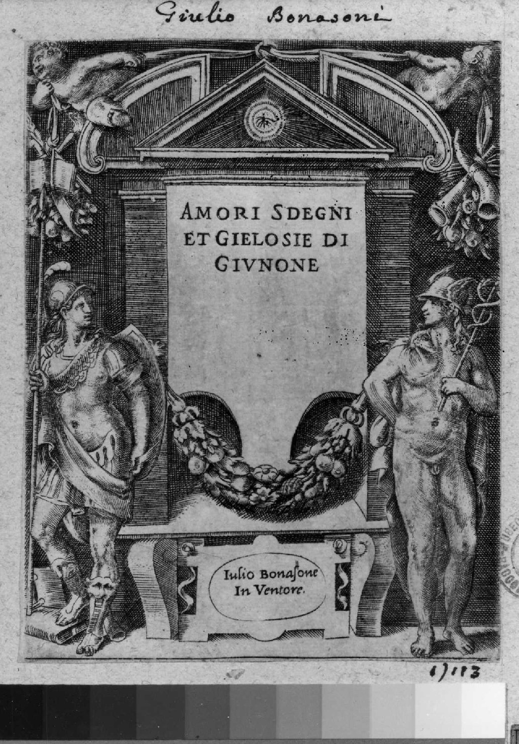 cornice architettonica con motivi decorativi e figure (stampa smarginata, serie) di Bonasone Giulio (sec. XVI)