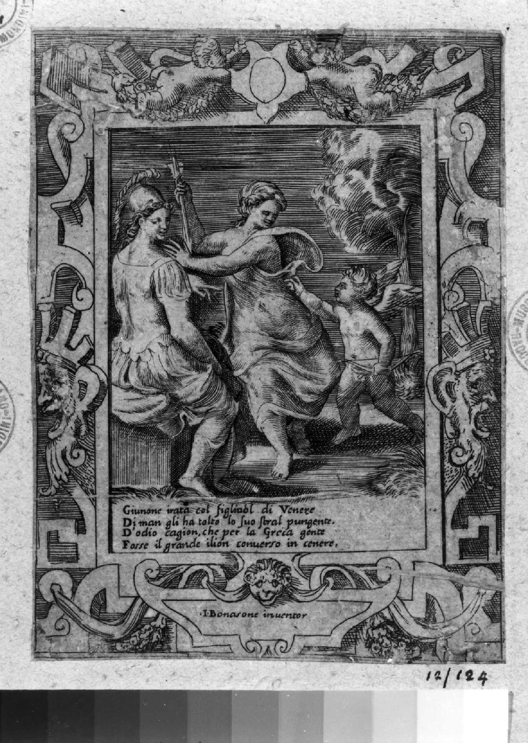 Giunone irata con Cupido (stampa smarginata, serie) di Bonasone Giulio (sec. XVI)
